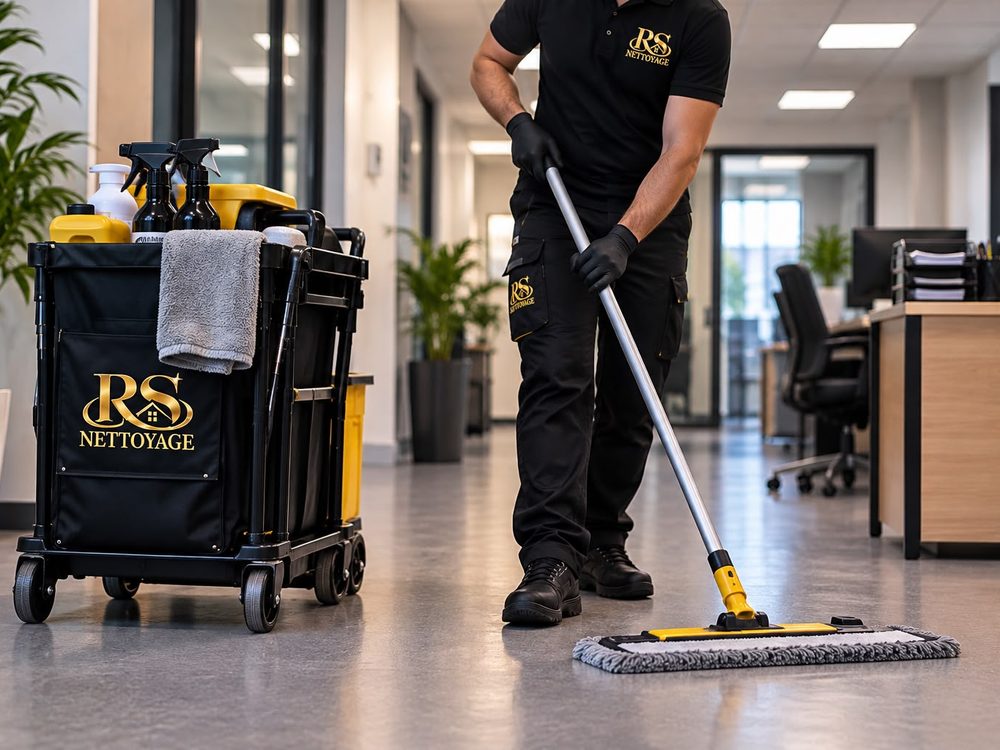 Agent RS Nettoyage passant la serpillère dans des bureaux