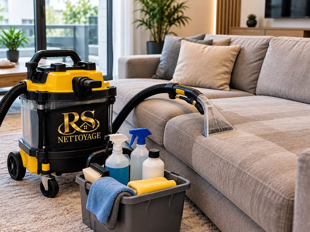 Machine d'injection-extraction RS Nettoyage devant un canapé en tissu