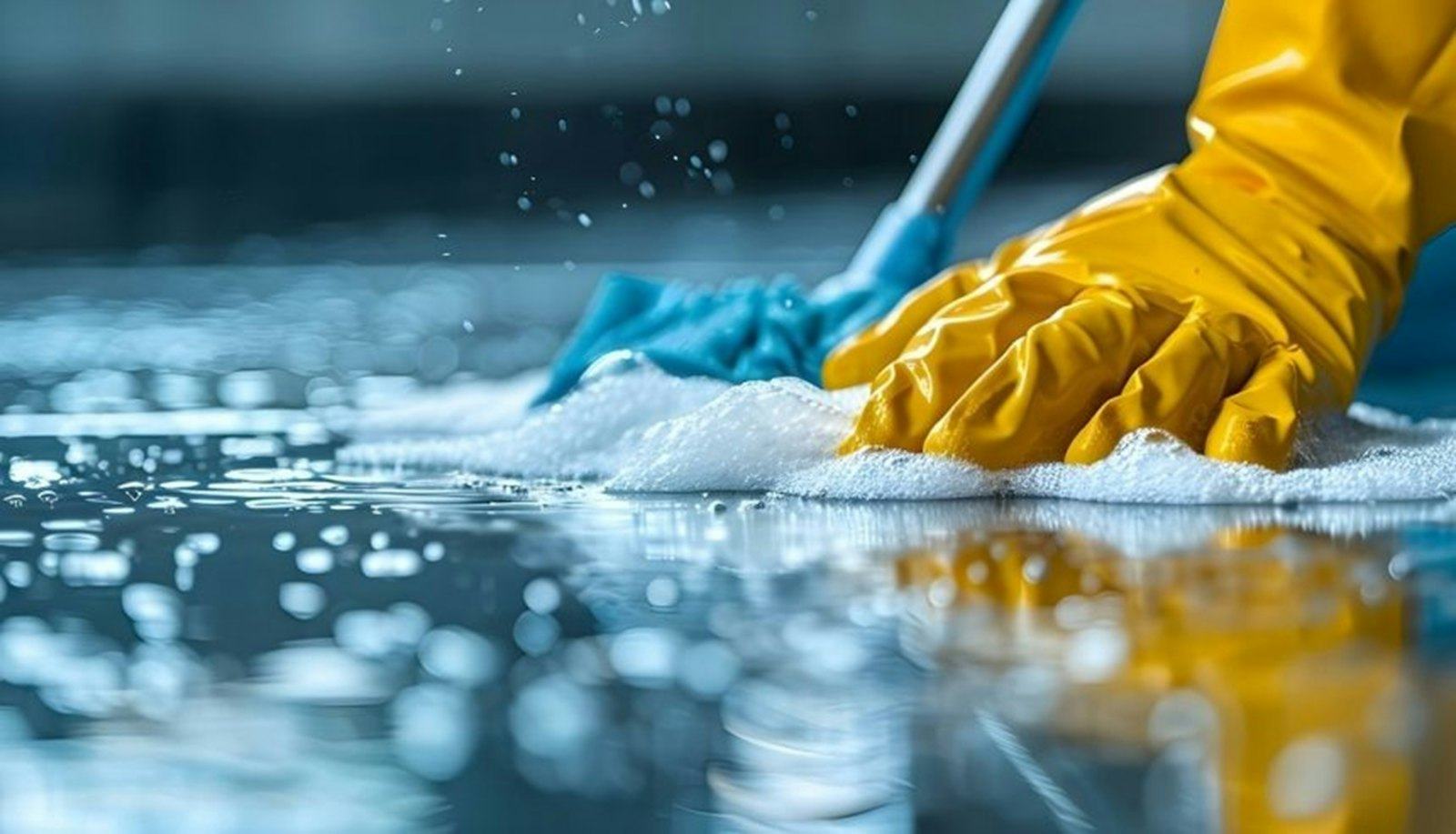 Main gantée nettoyant un sol à la mousse, en gros plan